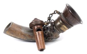 An unusual 19th century rosewood, brass and lead speaking tube: the cover incorporating a whistle,