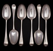 Six George III silver Hanoverian pattern table spoons, maker Thomas Wallis I, London 1770: Crested.