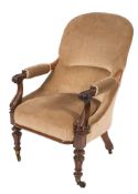 A Victorian carved rosewood open armchair:, with an arched upholstered stuff over back,