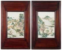 A pair of Chinese famille verte rectangular plaques: painted with extensive mountainous lake