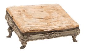 A 19th Century carved wood and grey and gilt decorated angled footstool:, with an upholstered top,
