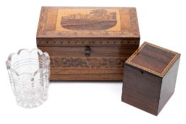 A 19th century Tunbridge ware tea caddy: of rectangular outline,