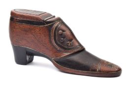 A 19th century treen miniature shoe snuff box: decorated in pique work and dated 1869, 10 cm.