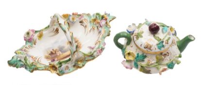 A mid 19th century English miniature flower encrusted basket and a similar teapot and cover: the