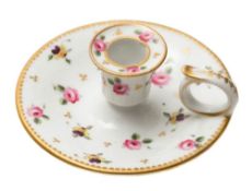 A Chamberlain's Worcester miniature chamberstick: painted with pink roses and pansies within gilt