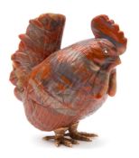 A Continental carved hardstone model of a cockerel: with rose cut diamond inset eyes,