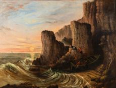 British School 19th Century- Smugglers on a rocky coast,:- oil on canvas 89 x 109cm.