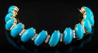 A turquoise and diamond mounted bracelet: with graduated oval turquoise-set links,