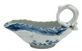 A Longton Hall blue and white cos lettuce sauceboat: with curved stalk, flowerhead and bud handle,