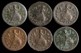 George I six copper farthings: various dates including 1719. 1720,1721, 1722, 1723, 1724, (6).
