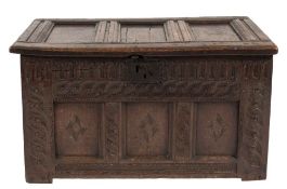 An early 18th Century oak rectangular coffer:, of small size,