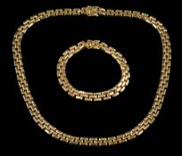 An 18ct gold brick-link necklace and matching bracelet: the necklace approximately 49cm long,