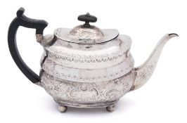 A George III silver teapot, maker Thomas Wallis II, London 1807: of barge-shaped outline,