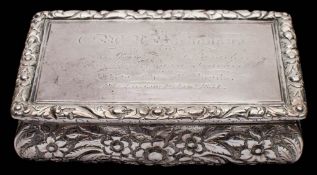 A George IV silver snuff box, maker Nathaniel Mills, Birmingham, 1827: inscribed,