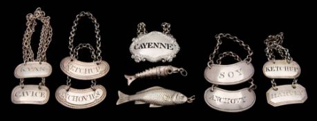 A collection of nine assorted silver sauce bottle labels, various makers and dates: including Soy,