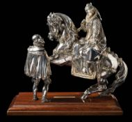 Elkington & Co a silver plated and gilt decorated figure group: depicting a mounted Elizabeth l