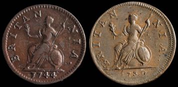 George II, two (double struck-high grade) copper farthings: 1730, 1744, (2).