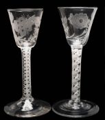 Two English wine glasses of Jacobite interest: each with rounded funnel shaped bowls,