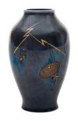 A Japanese Nogawa inlaid bronze vase and two Komai-style inlaid iron dishes: the vase inlaid and