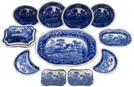 A Copeland blue and white pottery dinner service: transfer printed in the 'Spode's Tower' pattern,