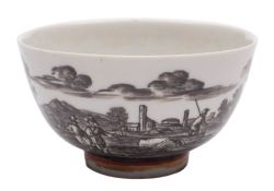 A Du Paquier porcelain teabowl: painted in schwarzlot with figures and buildings in a continuous