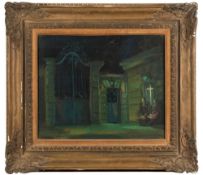 European School early 20th Century - Seated figures in a courtyard at night,