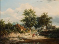 Attributed to Edward Williams [1782-1855]- Figures in a rural landscape cottage beyond;