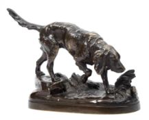 Prosper Lecourtier (1855-1924) A bronze study of a setter: mounted on a naturalistic oval base,