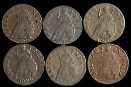 William & Mary and William III, six assorted copper farthings: various dates 1694, 1695, 1696, 1697,
