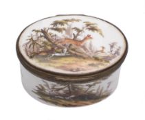 A German porcelain 'jagd' snuff box, probably Meissen: the exterior painted with hunting vignettes,