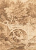 Paul Sanby Munn [1773-1845]- Figures on a stone bridge Between Barmouth and Dolgellau,