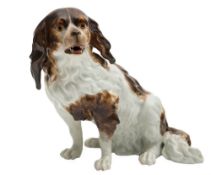 A late 19th century Continental porcelain figure of a spaniel: with shaggy coat and dark brown