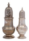 A George II silver caster, maker Samuel Wood, London, 1744: of baluster outline with ribbed girdle,
