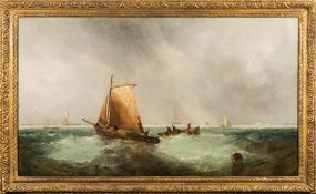 English School [19th Century]- Fishing boats offshore in choppy seas,:- oil on canvas, 61 x 107cm.