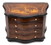 A late 19th century Continental inlaid miniature chest: of serpentine outline,