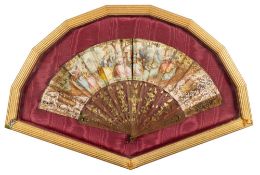 A 19th century Continental tortoiseshell fan: the leaf decorated with young gallants and ladies in