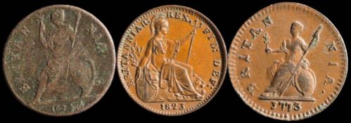 George IV farthing (Roman I) 1823: together with a Charles II farthing 1675 and a George II