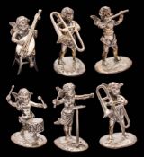 A set of six Continental silver miniature cherub musicians, bears import marks for Berthold Muller,