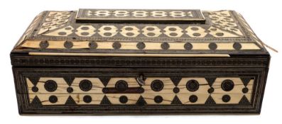 A 19th century sadeli ware work box: with shallow domed hinged lid with allover geometric inlaid
