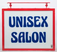 A mid 20th century double sided 'Unisex Salon' illuminated shop sign:, by Eagle Signs, Plymouth,