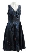 A mid 20th century blue silk cocktail dress:, with pleated bust and iridescent bead work to hem,