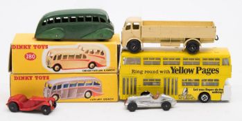 Dinky No 280 Observation Coach:, cream and red in a reprinted box, No 281 Luxury Coach,