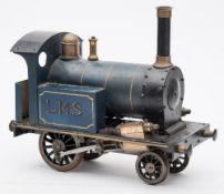 A scratch built live steam 3 inch gauge model 2-2-0 tank locomotive: in blue marked 'LMS' to
