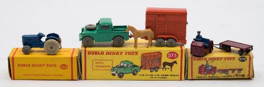 Dublo Dinky boxed group of three:, comprising No 069 Massey-Ferguson Tractor, blue with grey wheels,