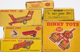 Dinky a group of farm trailers and implements:, No 27k Hay Rake, red with yellow wheels,