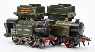 Two Hornby O gauge GWR green 0-4-0 tank locomotives and tenders:, No 5500 and No 6600.
