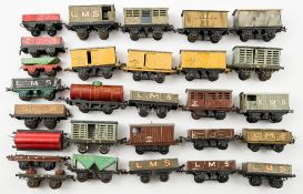Hornby O gauge a group of goods wagons:, including a lumber wagon, LMS green hopper,