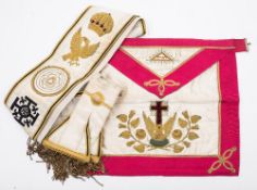A Rose Croix masonic apron and sash (Red Cross of Constantine):.
