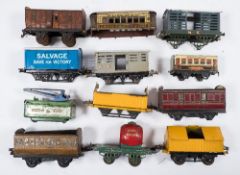 Hornby O gauge, a group of goods wagon and passenger coach chassis and body parts:,