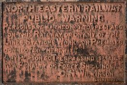 A North Eastern Railway cast iron trespass notice:, 60 x 90.5cm.